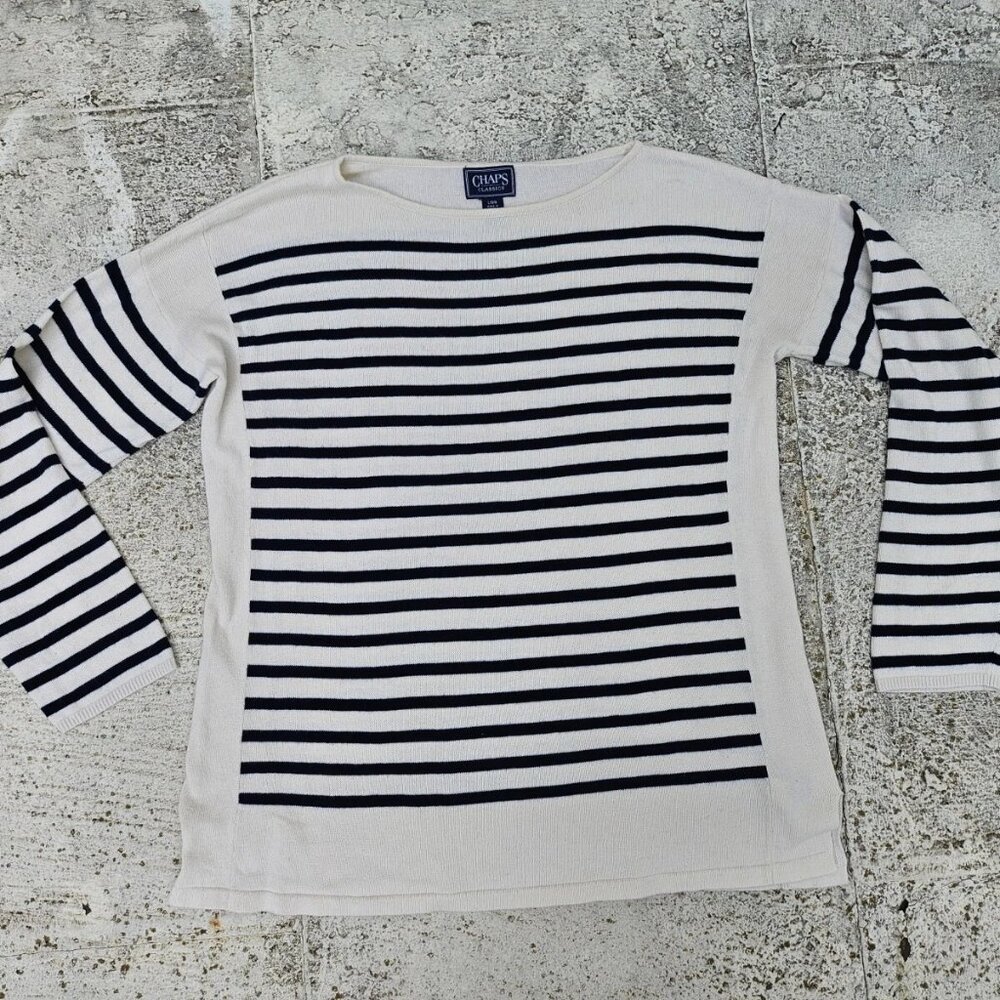 Chaps Classic Women Sweater Long Sleeve Crew Neck Blue Striped Sweatshirt Size L